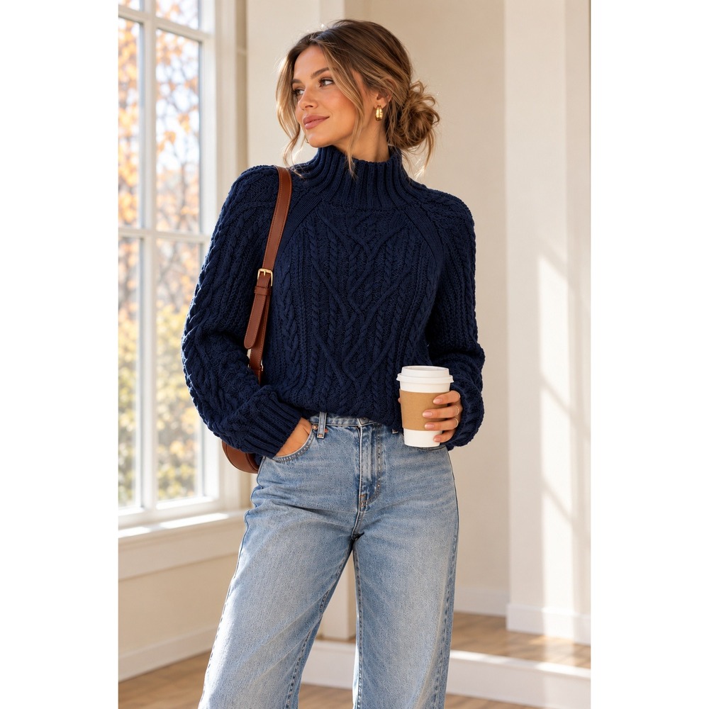 U.S. Polo Assn Navy Cable Knit Mock Neck Sweater Fisherman Preppy NWT Large